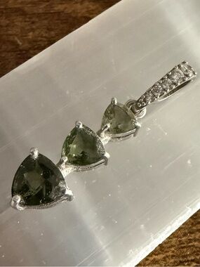 Moldavite Pendant Sterling Silver w/ CZ accent Authentic Moldavite COA included